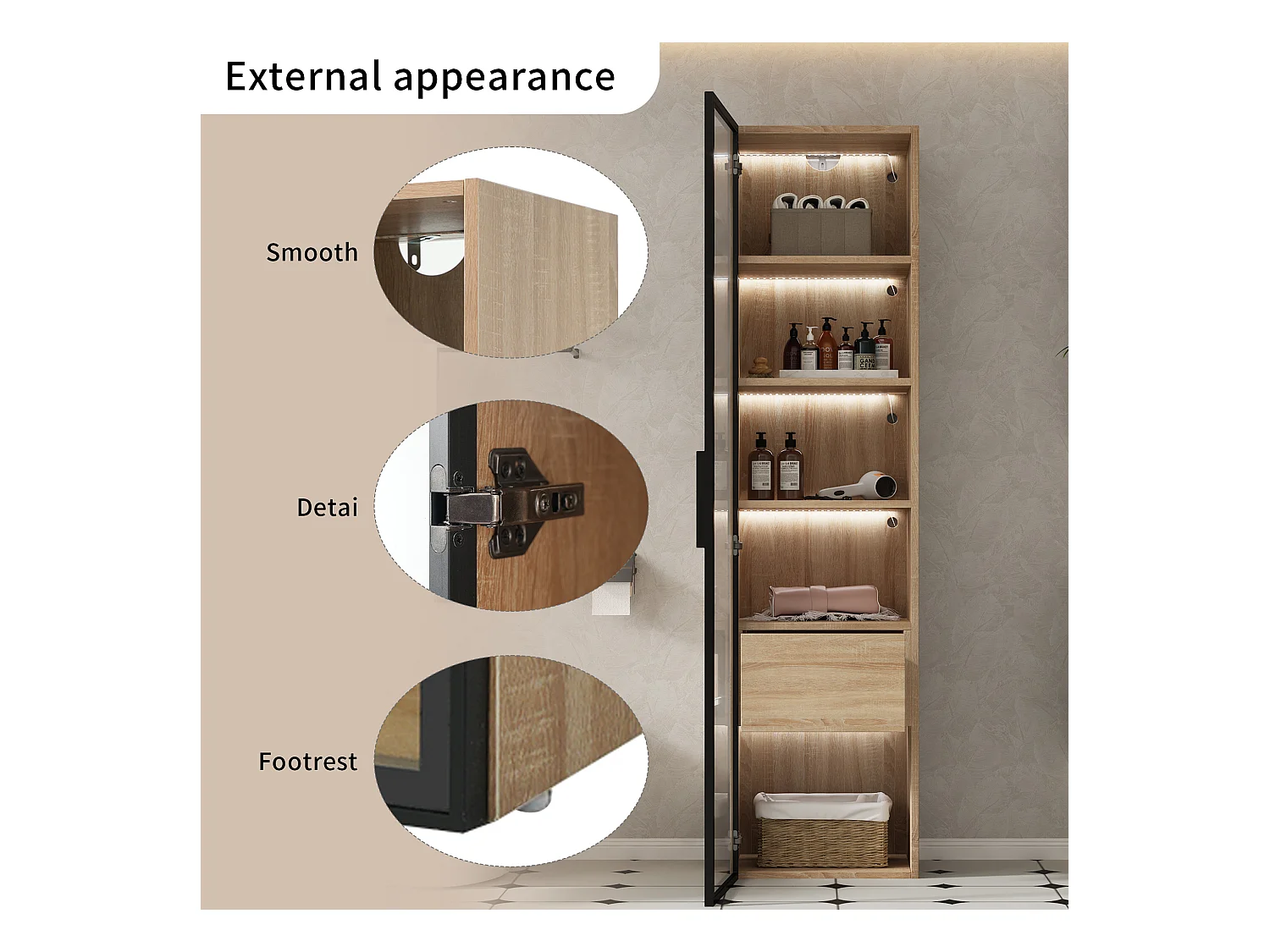 Meuble de rangement pour salle de bain avec éclairage LED, porte en verre, MDF, naturel (40x34.5x165 cm)