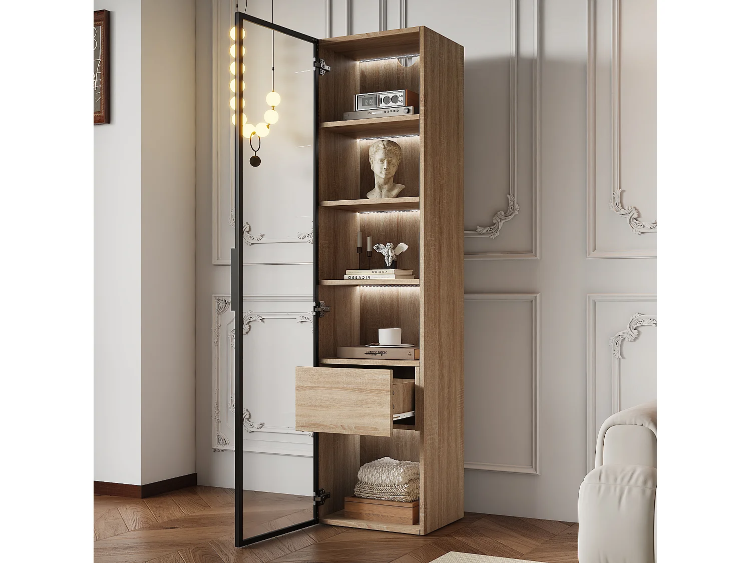 Meuble de rangement pour salle de bain avec éclairage LED, porte en verre, MDF, naturel (40x34.5x165 cm)