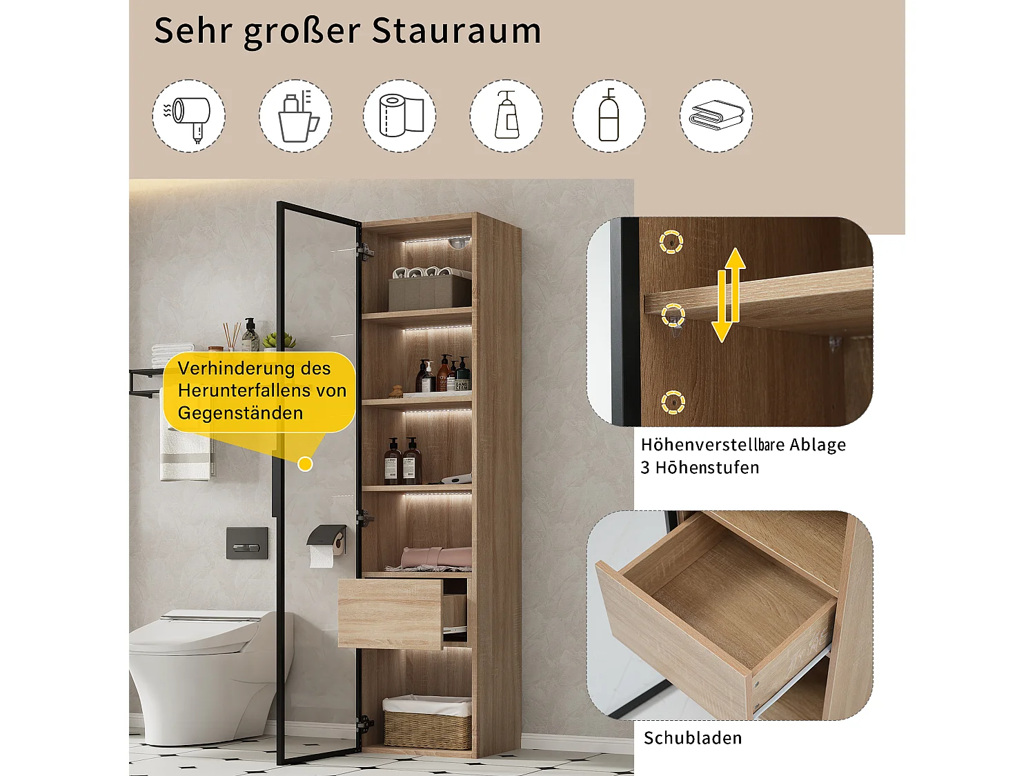Meuble de rangement pour salle de bain avec éclairage LED, porte en verre, MDF, naturel (40x34.5x165 cm)