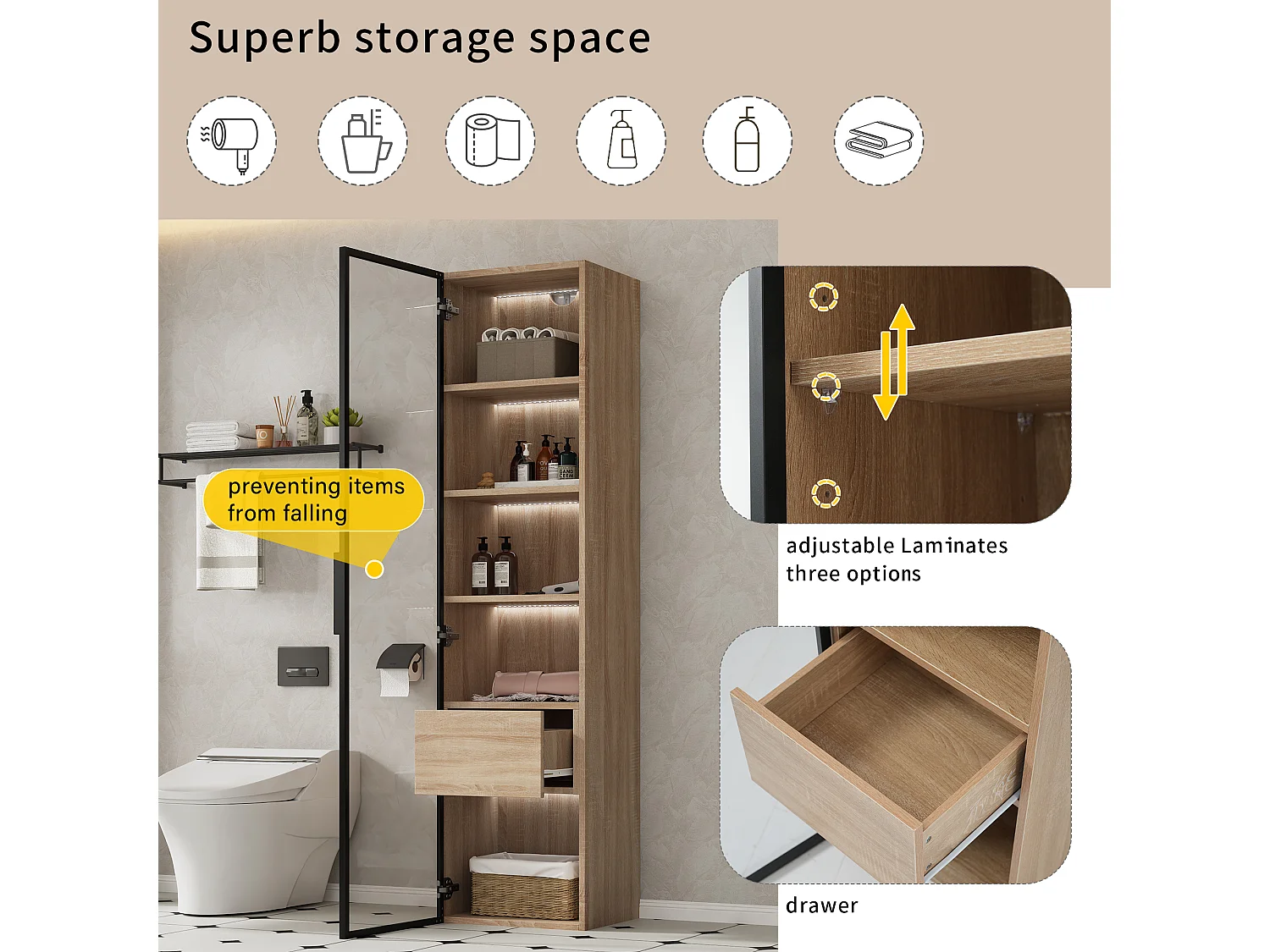 Meuble de rangement pour salle de bain avec éclairage LED, porte en verre, MDF, naturel (40x34.5x165 cm)