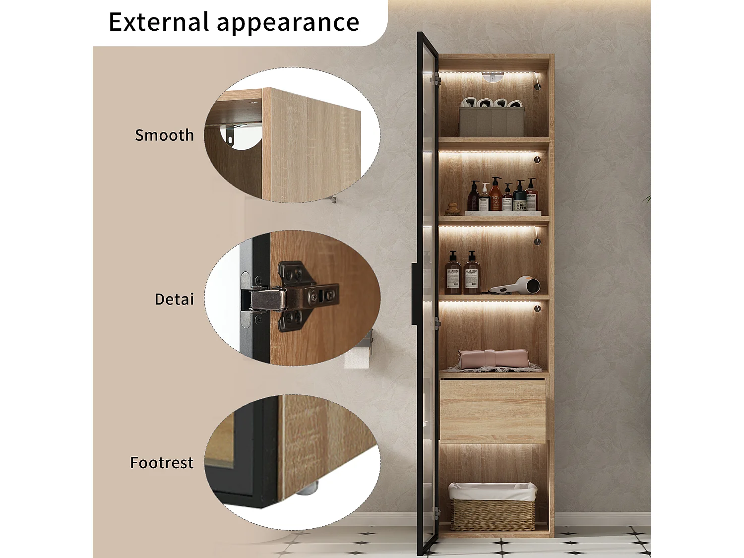 Meuble de rangement pour salle de bain avec éclairage LED, porte en verre, MDF, naturel (40x34.5x165 cm)