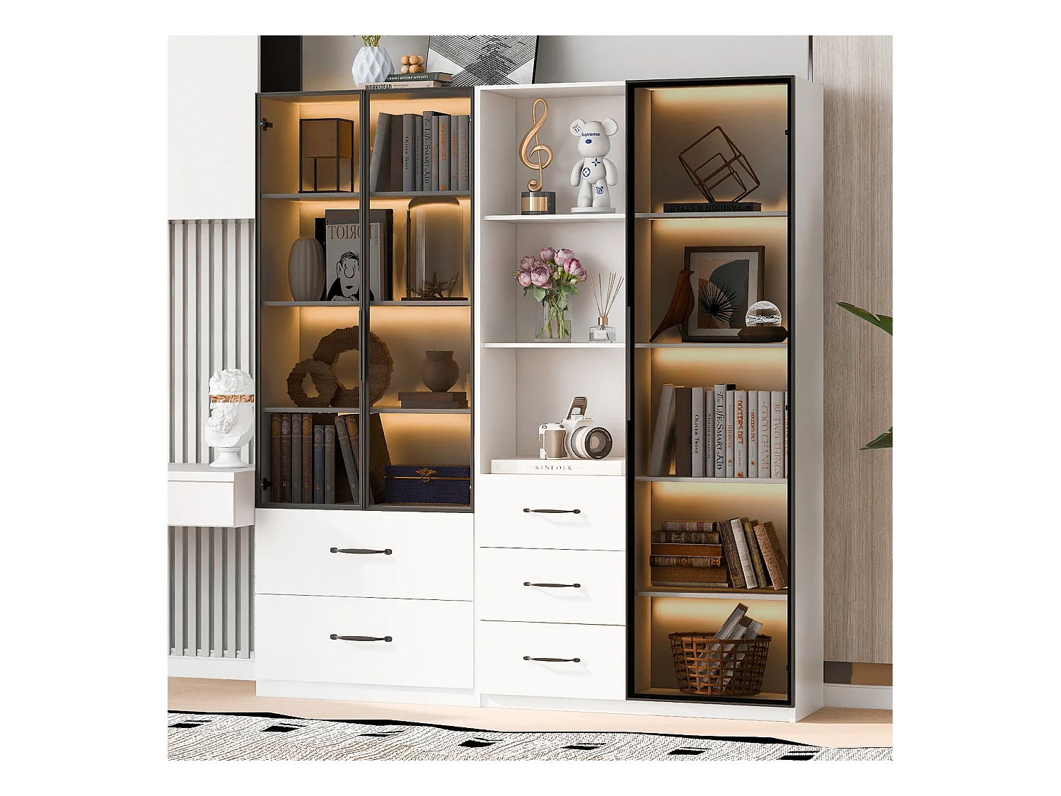 Vitrine LED 140x40x160 cm - Meuble avec verre trempé, étagères ouvertes, 3 tiroirs, LED multicolores, Soft-Close, blanc (140x40x160 cm)