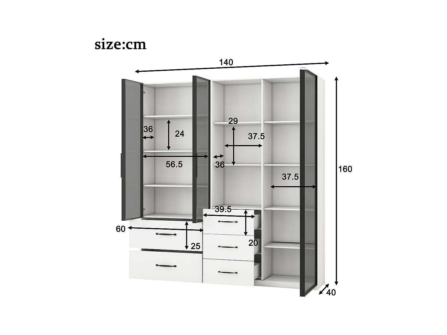 Vitrine LED 140x40x160 cm - Meuble avec verre trempé, étagères ouvertes, 3 tiroirs, LED multicolores, Soft-Close, blanc (140x40x160 cm)