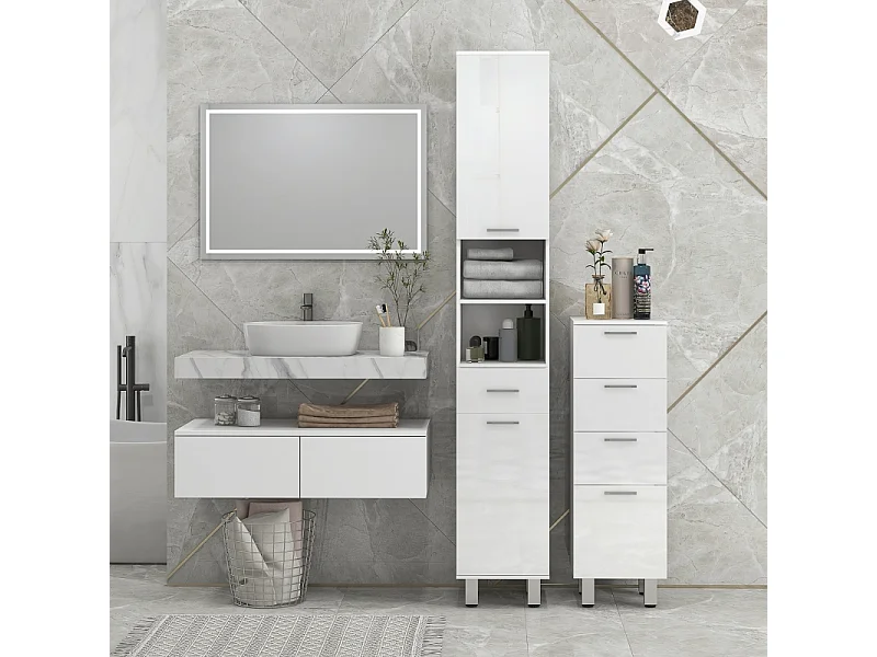 Meuble de rangement étroit avec 3 tiroirs, étagère réglable, en bois, blanc (30x30x93 cm)