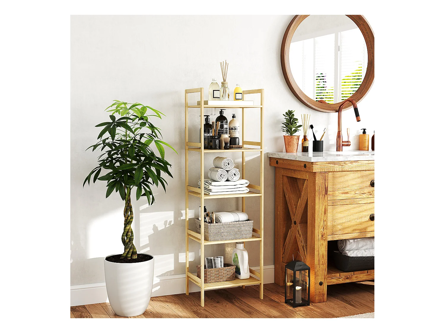 Étagère salle de bain 5 niveaux avec tablettes réglables, bambou naturel (43.5x31.5x142cm)