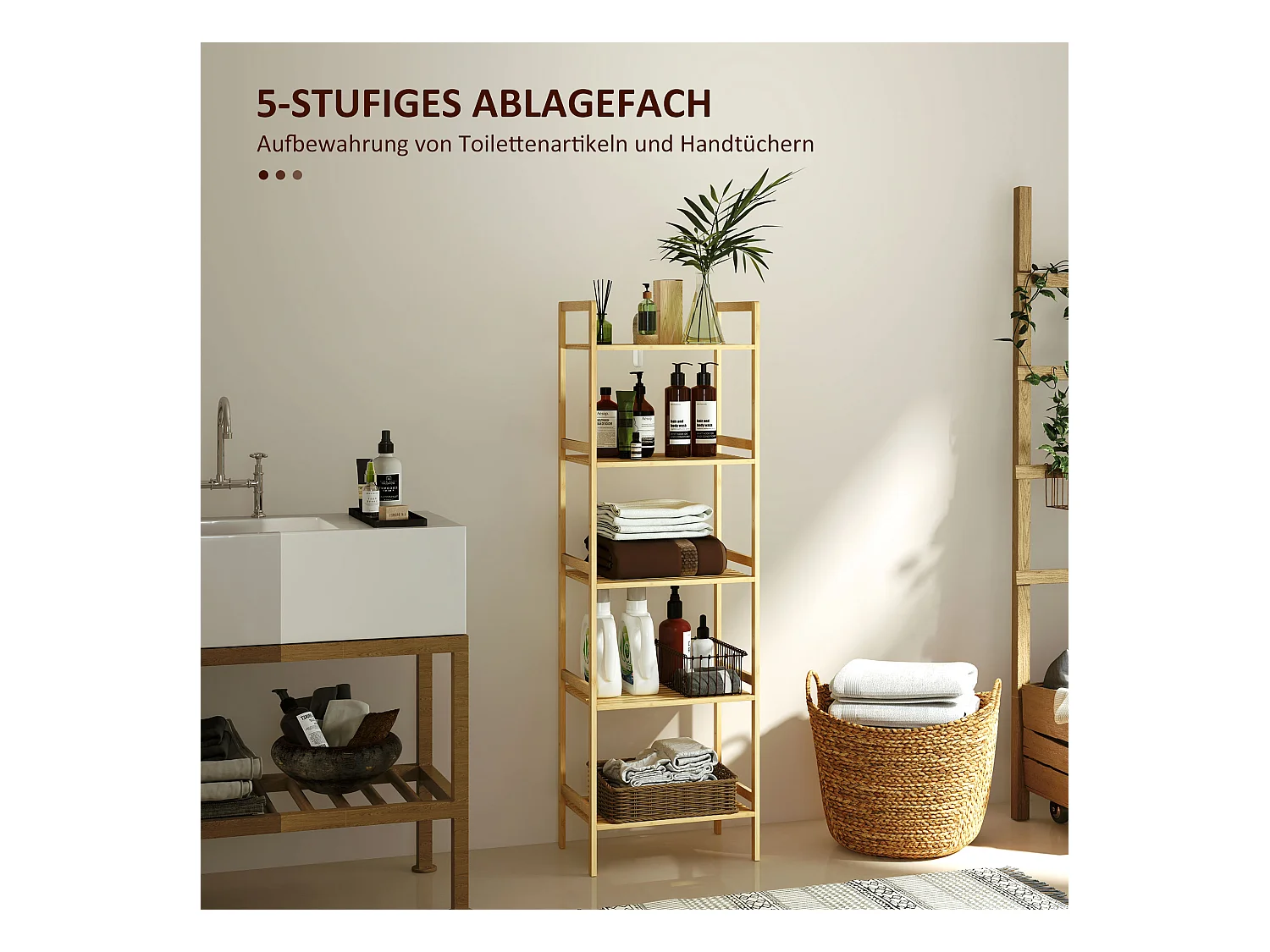 Étagère salle de bain 5 niveaux avec tablettes réglables, bambou naturel (43.5x31.5x142cm)