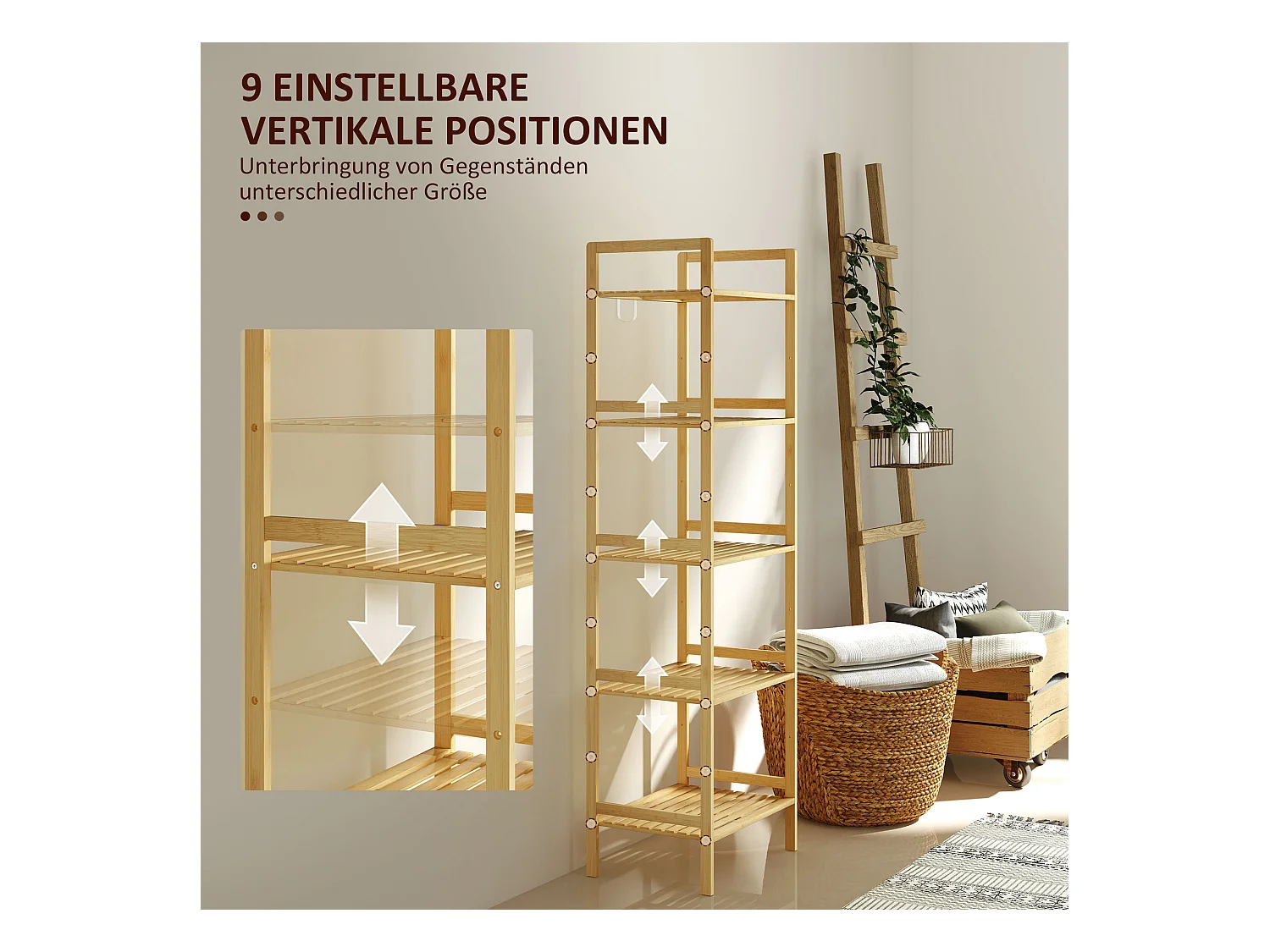 Étagère salle de bain 5 niveaux avec tablettes réglables, bambou naturel (43.5x31.5x142cm)