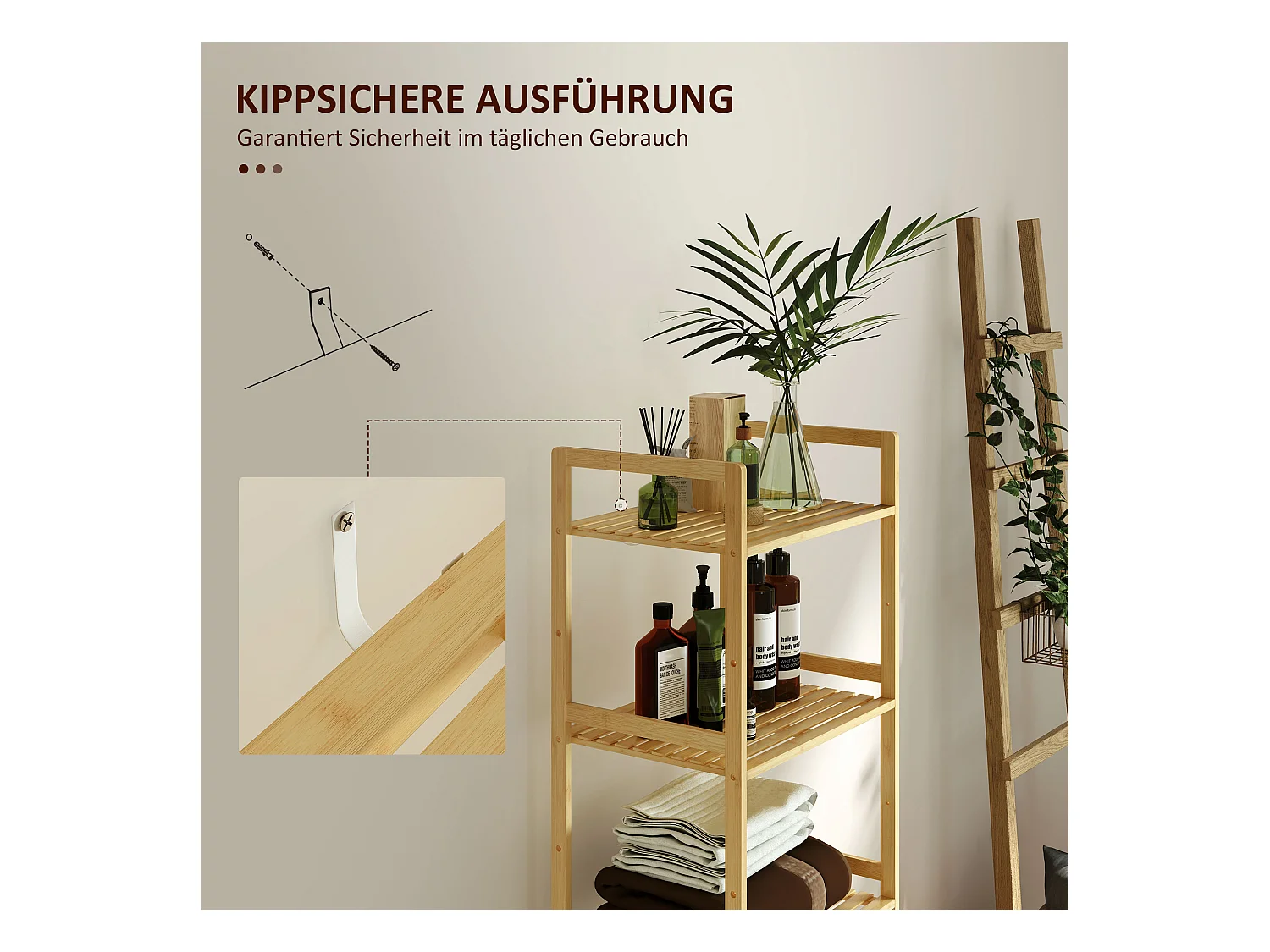 Étagère salle de bain 5 niveaux avec tablettes réglables, bambou naturel (43.5x31.5x142cm)