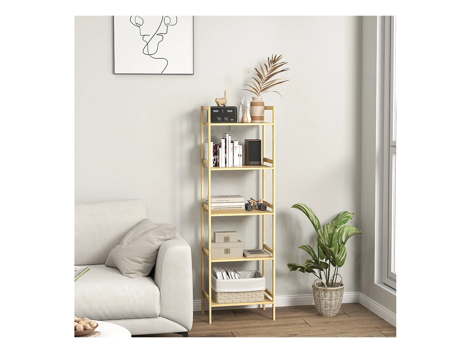 Étagère salle de bain 5 niveaux avec tablettes réglables, bambou naturel (43.5x31.5x142cm)