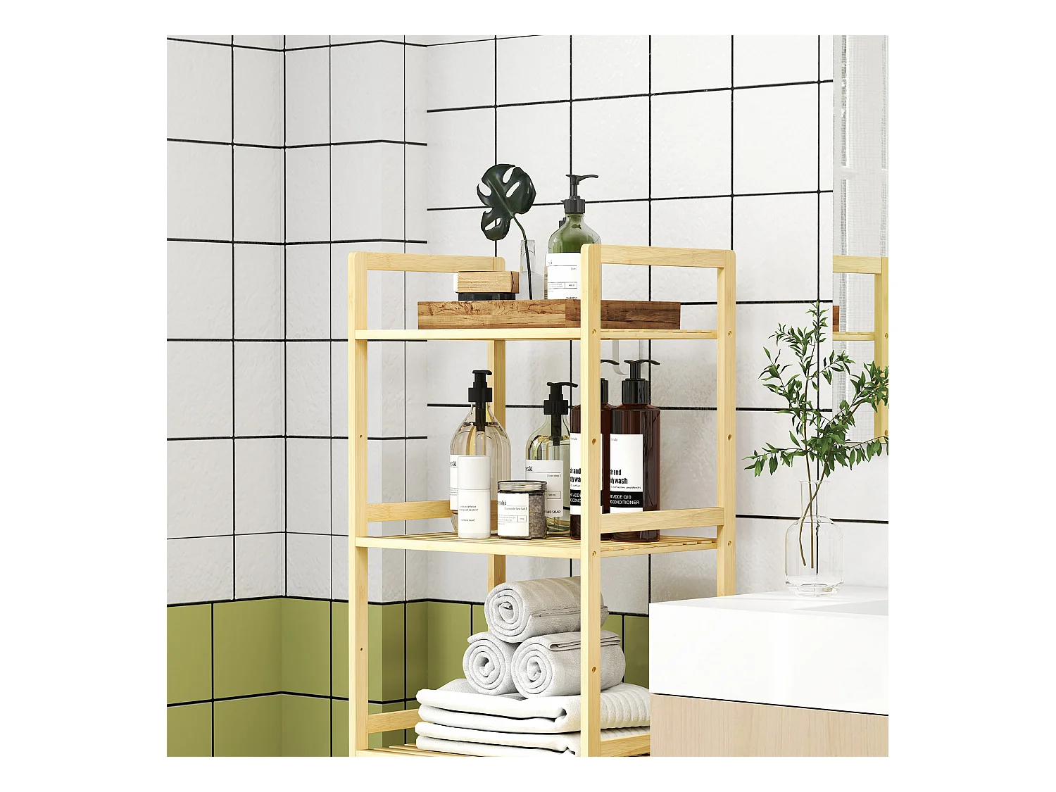 Étagère salle de bain 5 niveaux avec tablettes réglables, bambou naturel (43.5x31.5x142cm)