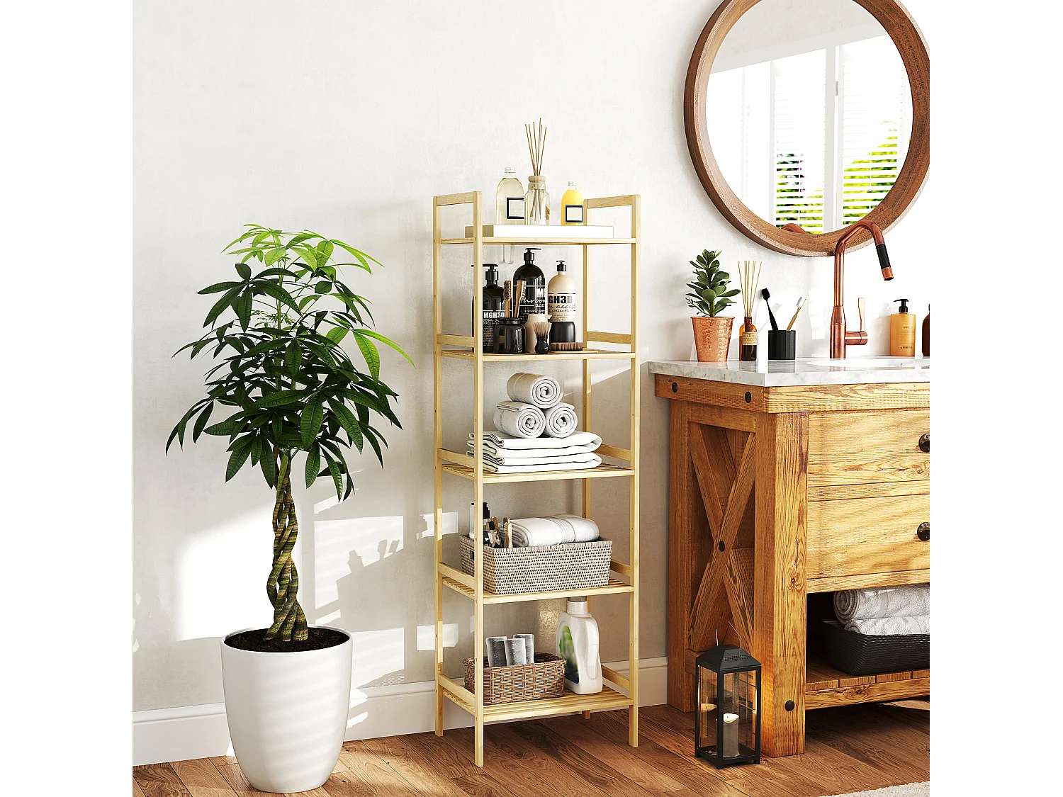 Étagère salle de bain 5 niveaux avec tablettes réglables, bambou naturel (43.5x31.5x142cm)