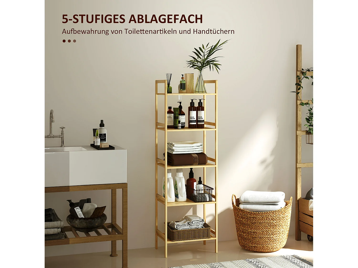 Étagère salle de bain 5 niveaux avec tablettes réglables, bambou naturel (43.5x31.5x142cm)