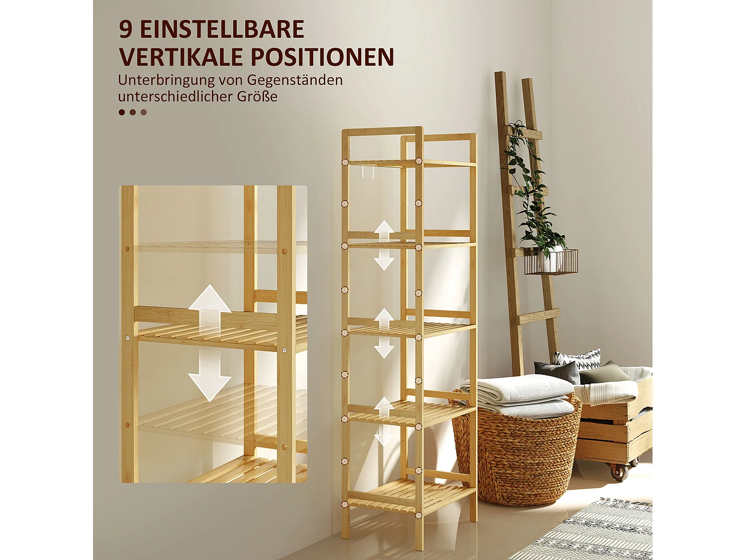 Étagère salle de bain 5 niveaux avec tablettes réglables, bambou naturel (43.5x31.5x142cm)