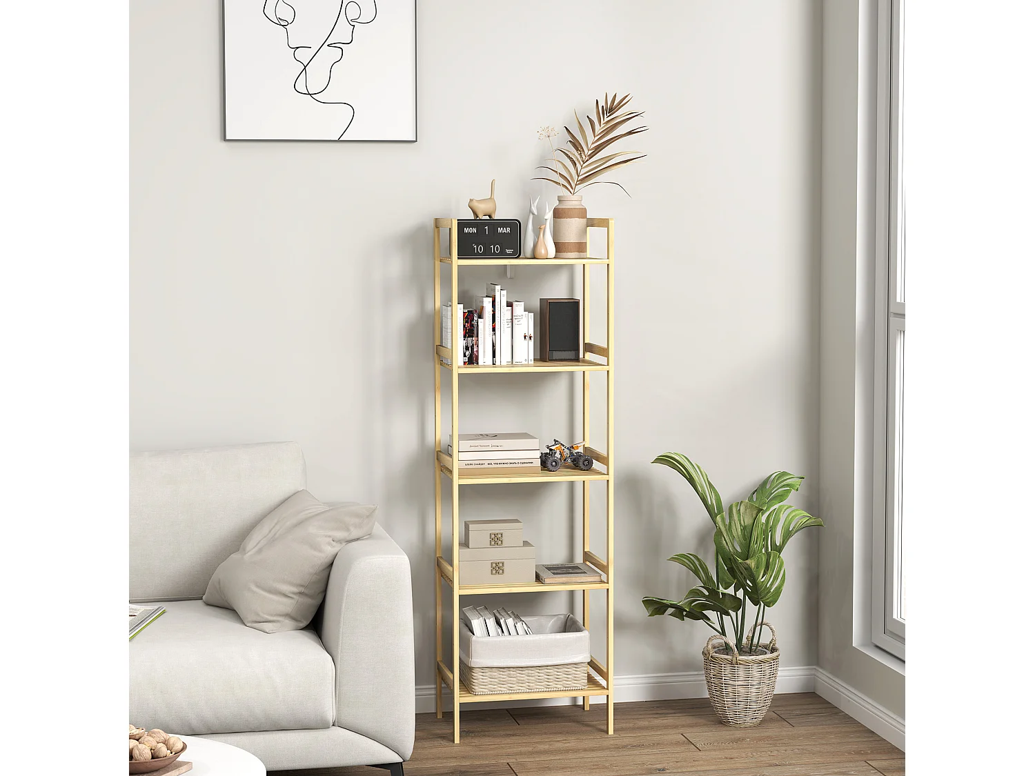 Étagère salle de bain 5 niveaux avec tablettes réglables, bambou naturel (43.5x31.5x142cm)