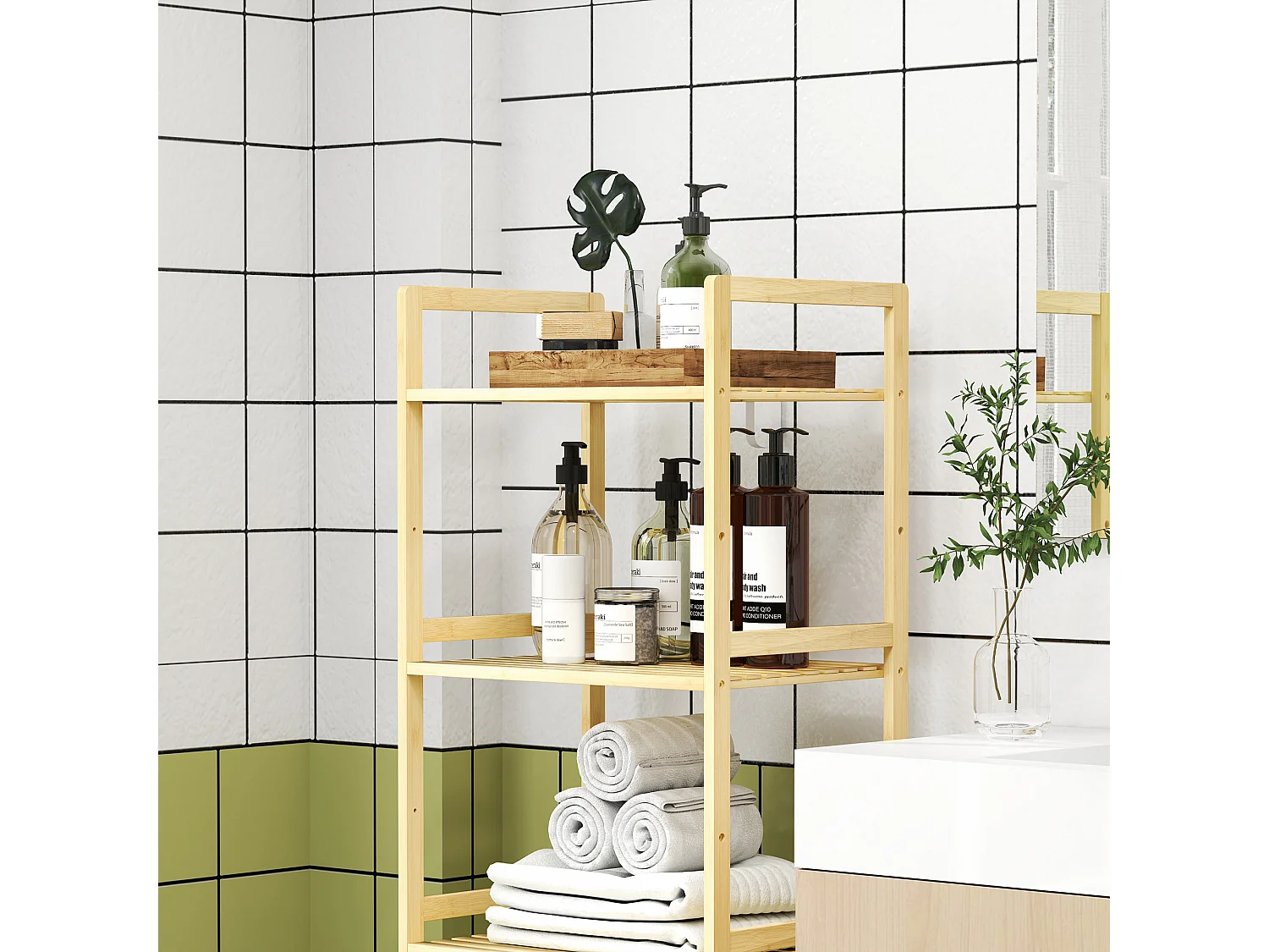 Étagère salle de bain 5 niveaux avec tablettes réglables, bambou naturel (43.5x31.5x142cm)