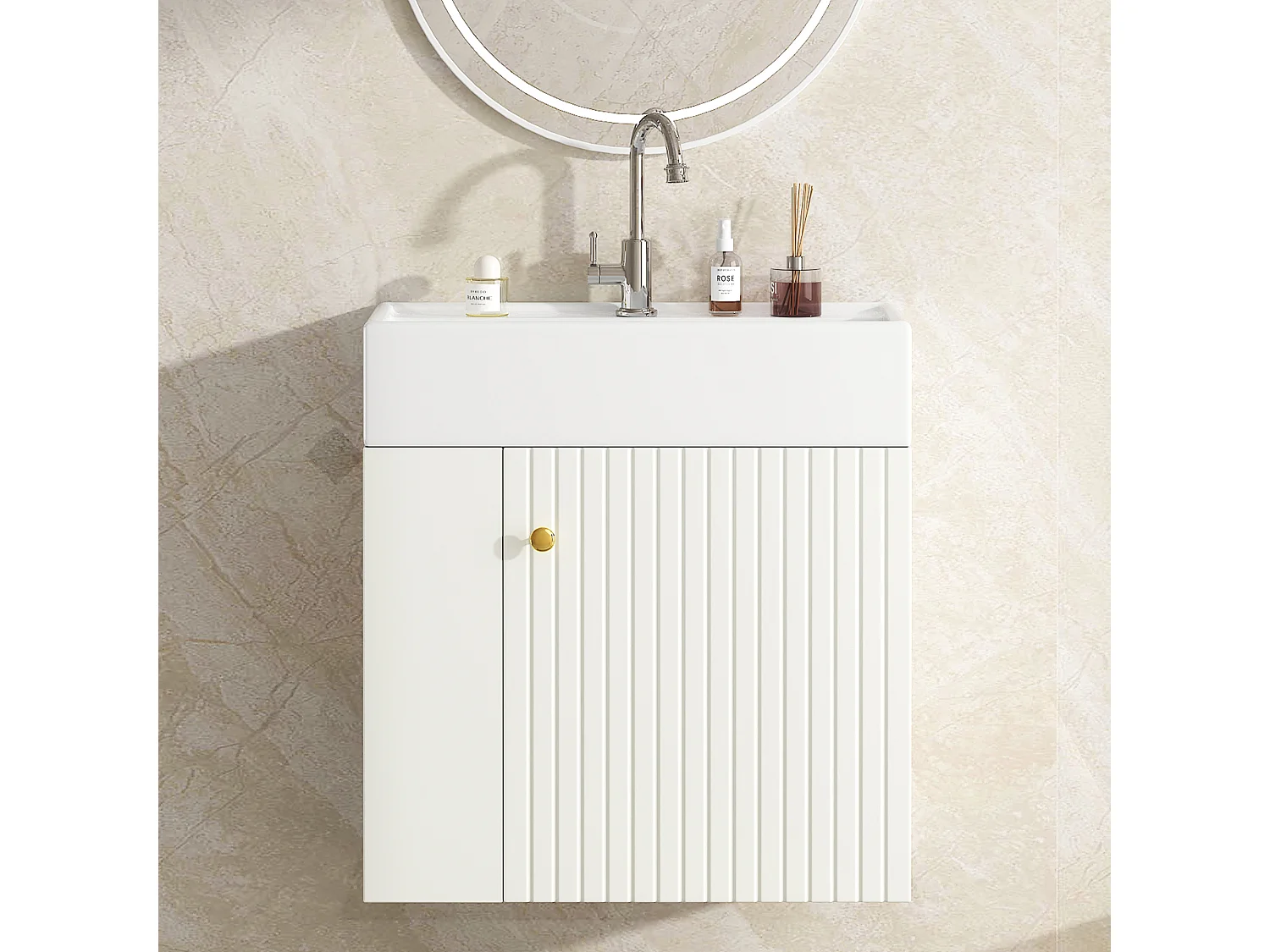 Badkamermeubel met wastafel en wandmeubel, wit, compact, voor kleine badkamers (55x31x66,5 cm)