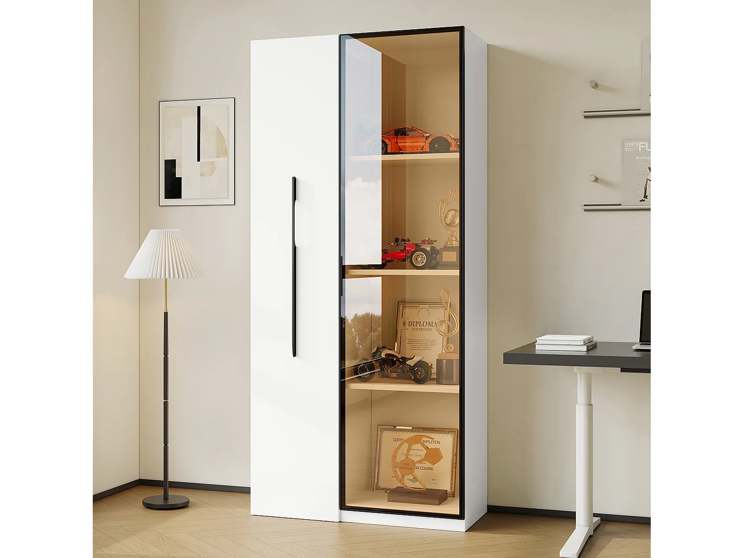 Multifunctionele kast, plank en vitrinekast van gehard glas met aluminium frame, 1 deur, 1 zijlade, met wielen en LED-verlichting