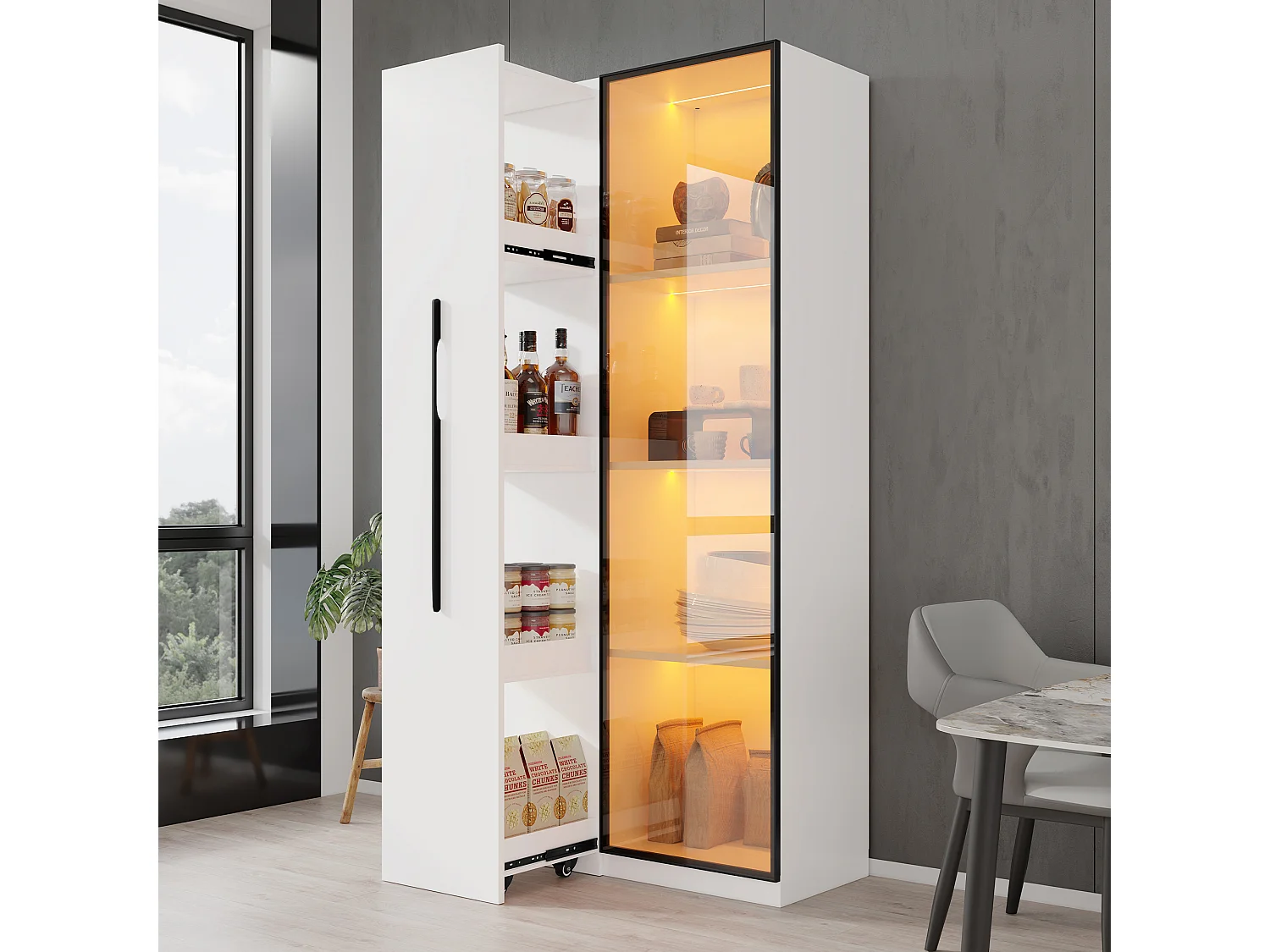 Multifunctionele kast, plank en vitrinekast van gehard glas met aluminium frame, 1 deur, 1 zijlade, met wielen en LED-verlichting
