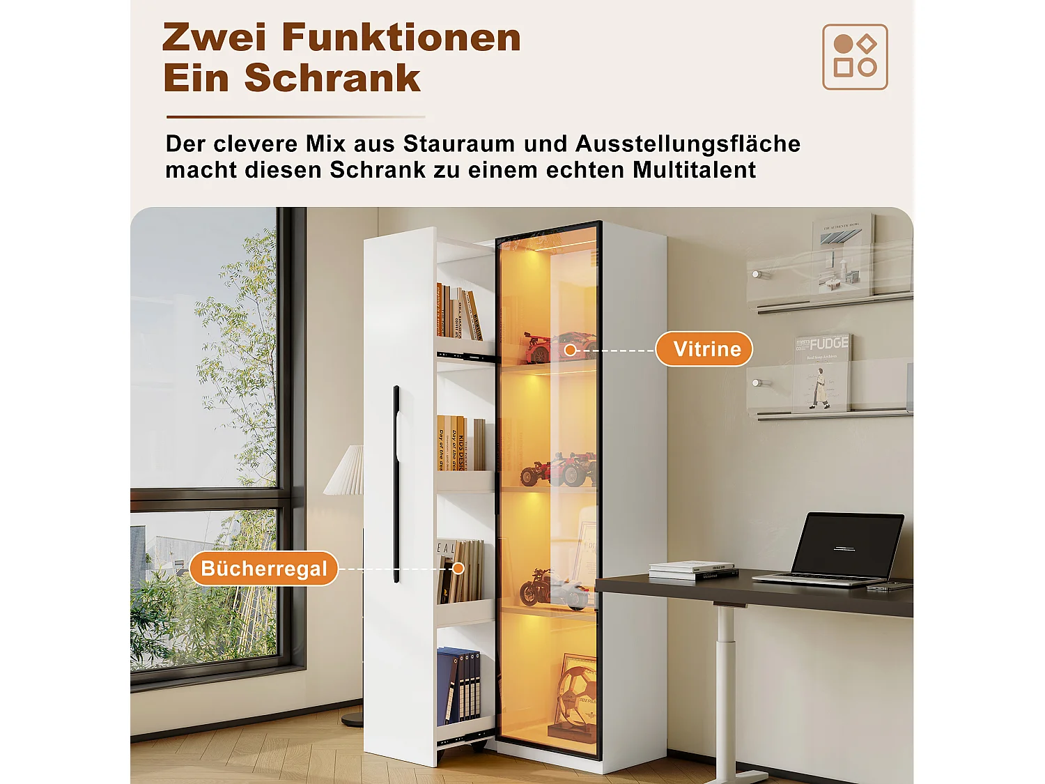 Multifunctionele kast, plank en vitrinekast van gehard glas met aluminium frame, 1 deur, 1 zijlade, met wielen en LED-verlichting