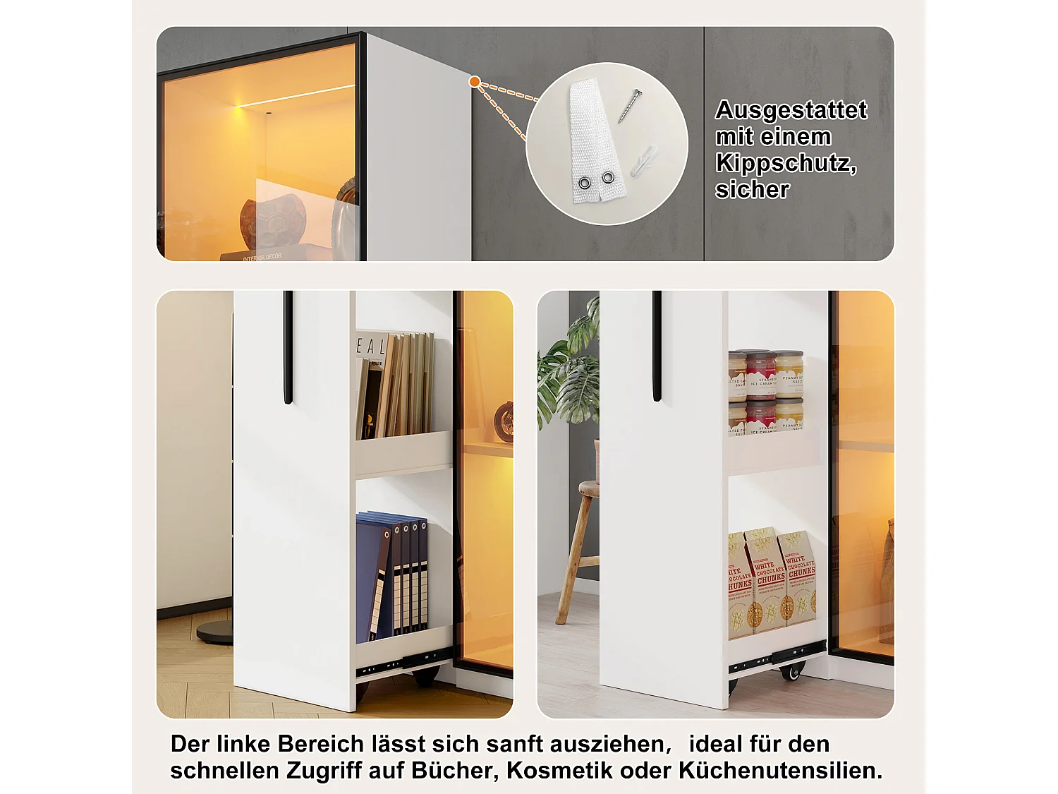 Multifunctionele kast, plank en vitrinekast van gehard glas met aluminium frame, 1 deur, 1 zijlade, met wielen en LED-verlichting