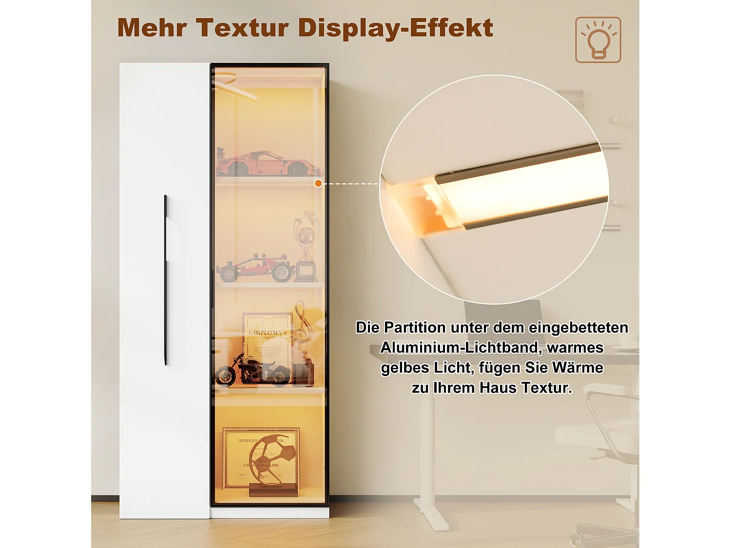 Multifunctionele kast, plank en vitrinekast van gehard glas met aluminium frame, 1 deur, 1 zijlade, met wielen en LED-verlichting