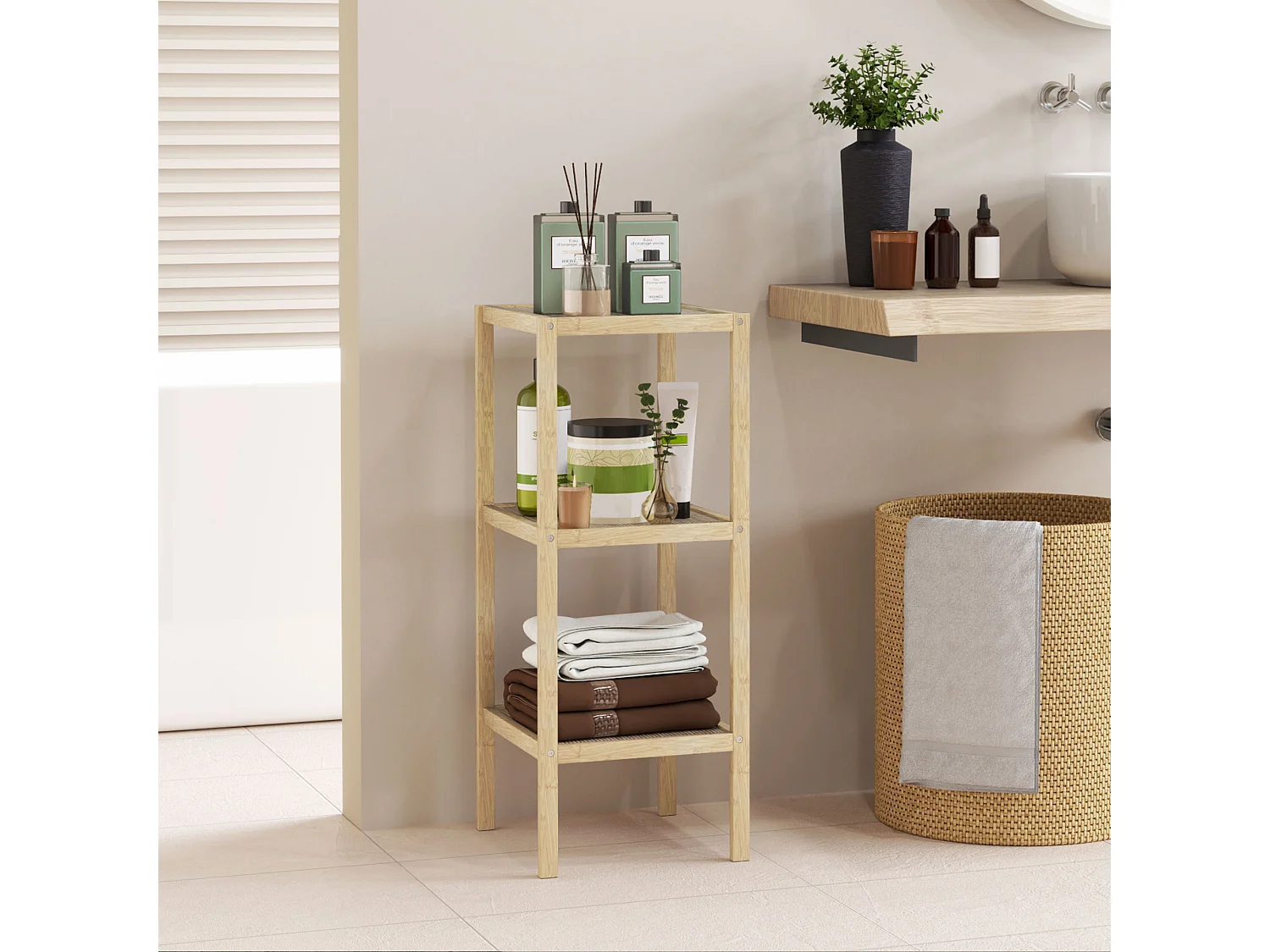 Étagère salle de bain 3 niveaux, bambou naturel, pieds avec patins antidérapants, stable et polyvalente (33x31x78cm)