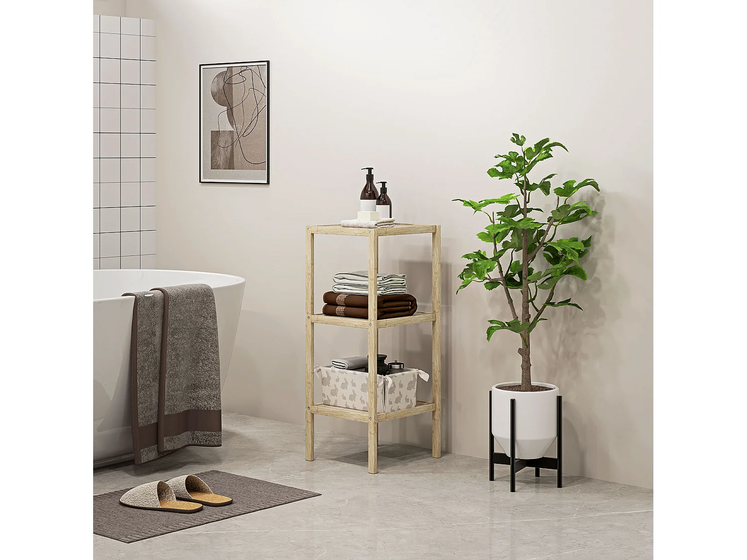 Étagère salle de bain 3 niveaux, bambou naturel, pieds avec patins antidérapants, stable et polyvalente (33x31x78cm)