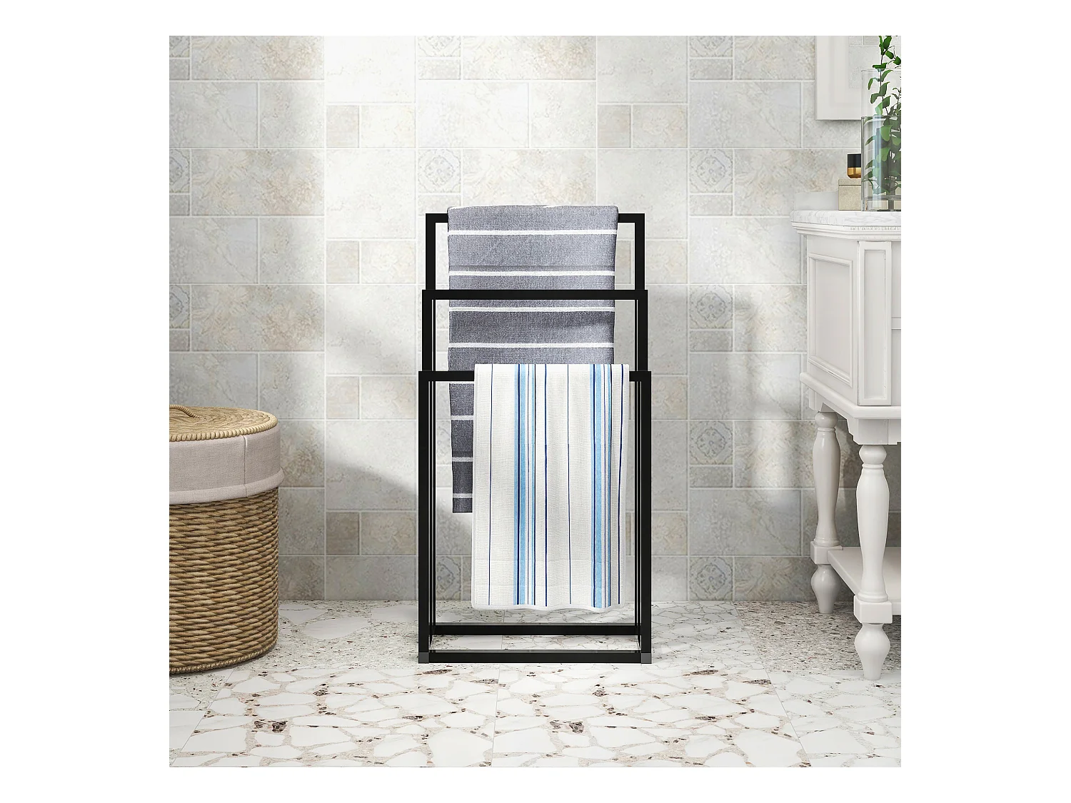 Badkamerhanddoekrek, 3-laags, strand- en badhanddoekhouder, metaal, zwart, (45x22x86 cm)