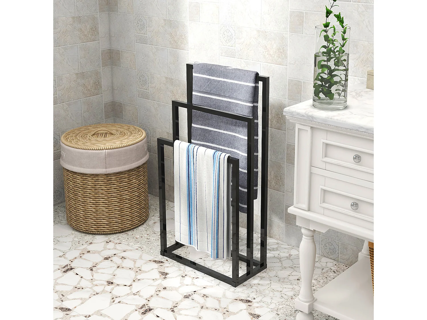 Badkamerhanddoekrek, 3-laags, strand- en badhanddoekhouder, metaal, zwart, (45x22x86 cm)