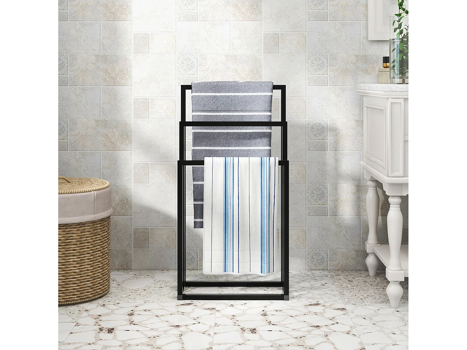 Porte-serviettes de salle de bain, 3 niveaux, support pour serviettes de plage et de bain, métal, noir, (45x22x86 cm)