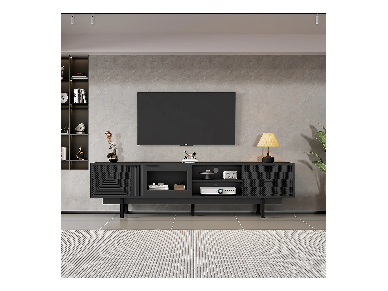 Meuble TV moderne avec 2 tiroirs et 2 portes, design simple, MDF + verre trempé, noir (200x40x50.5 cm)