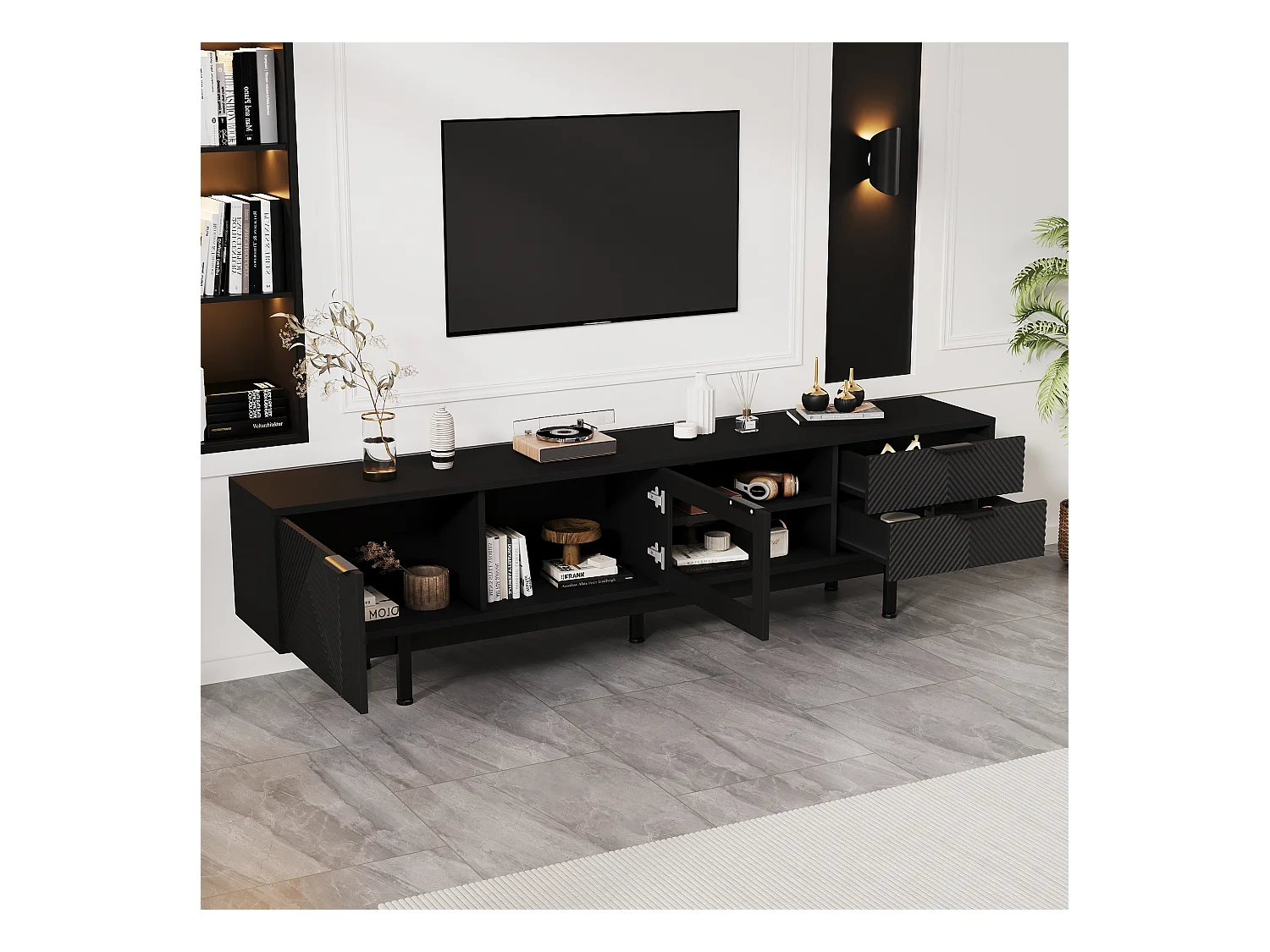 Meuble TV moderne avec 2 tiroirs et 2 portes, design simple, MDF + verre trempé, noir (200x40x50.5 cm)