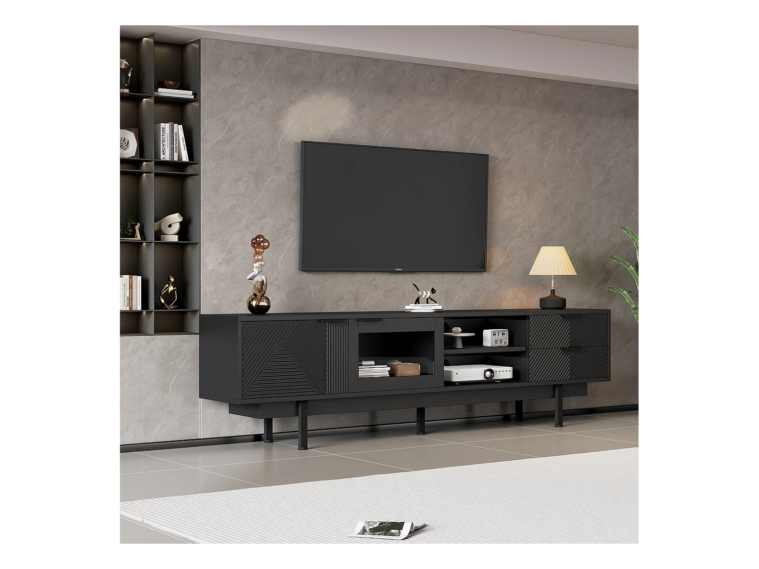 Meuble TV moderne avec 2 tiroirs et 2 portes, design simple, MDF + verre trempé, noir (200x40x50.5 cm)