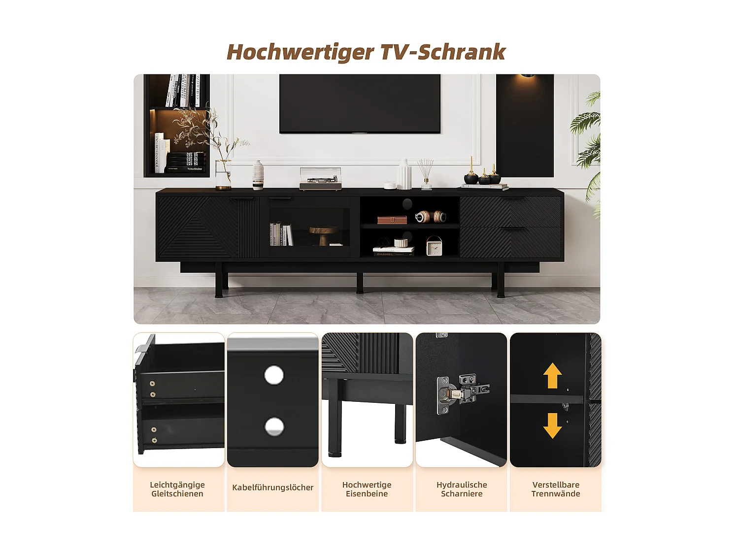 Meuble TV moderne avec 2 tiroirs et 2 portes, design simple, MDF + verre trempé, noir (200x40x50.5 cm)