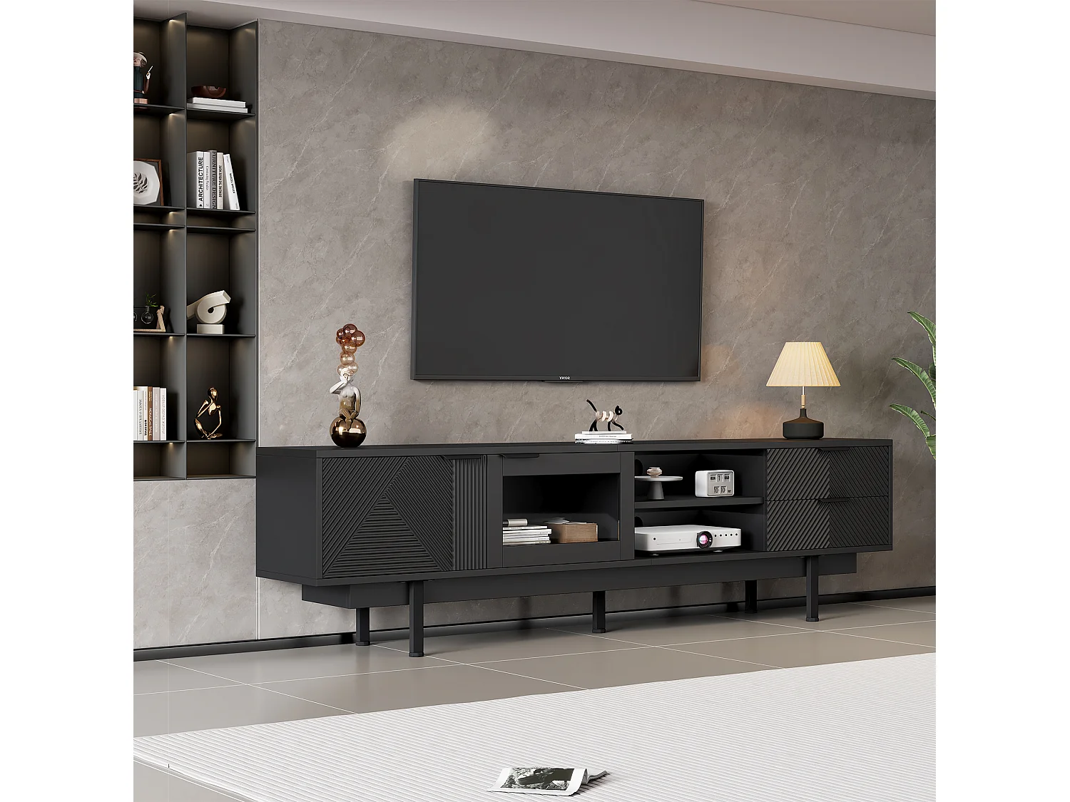 Meuble TV moderne avec 2 tiroirs et 2 portes, design simple, MDF + verre trempé, noir (200x40x50.5 cm)