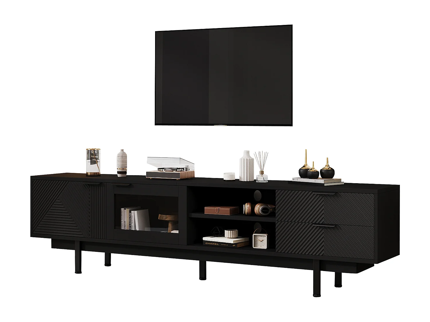 Meuble TV moderne avec 2 tiroirs et 2 portes, design simple, MDF + verre trempé, noir (200x40x50.5 cm)