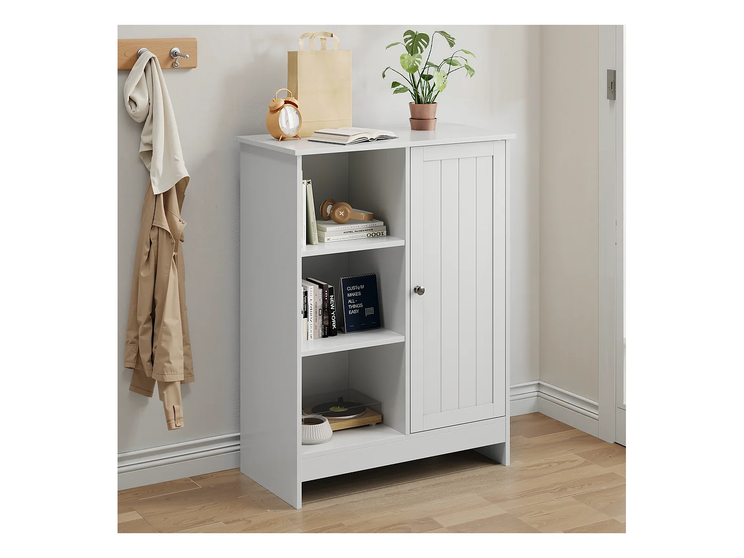 Meuble de rangement pour salle de bain, avec 2 tiroirs rabattables, 1 étagère fermée, 3 étagères ouvertes, blanc (60x24x80 cm)