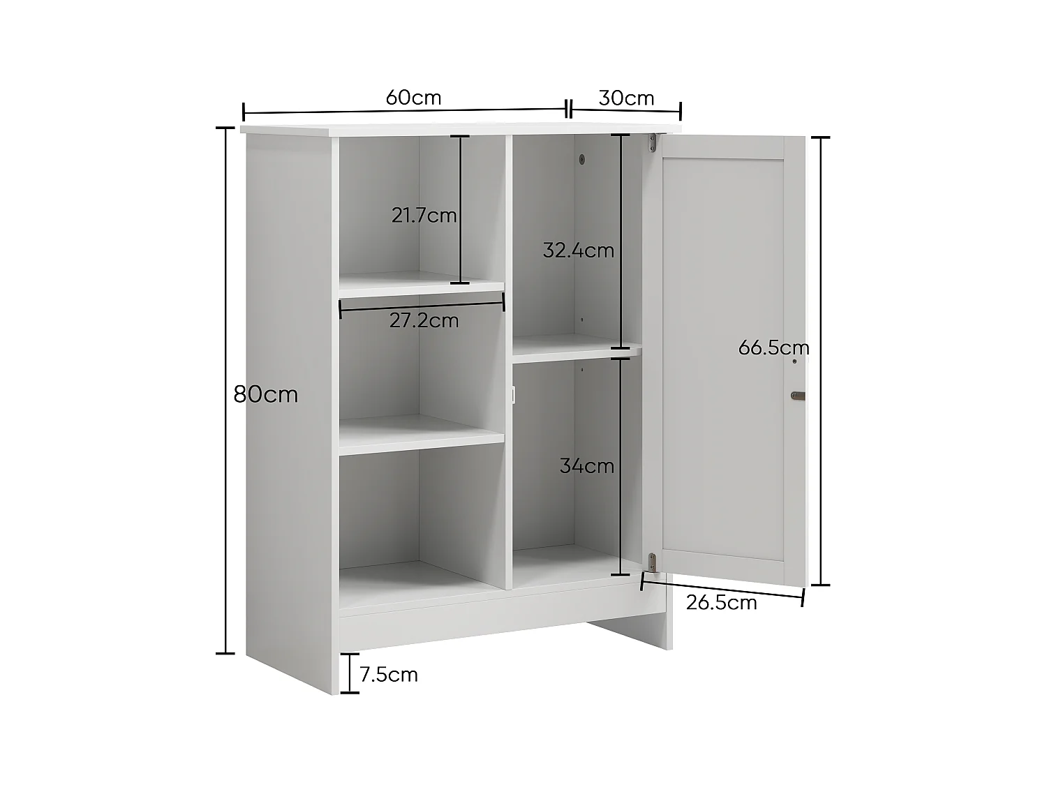 Meuble de rangement pour salle de bain, avec 2 tiroirs rabattables, 1 étagère fermée, 3 étagères ouvertes, blanc (60x24x80 cm)