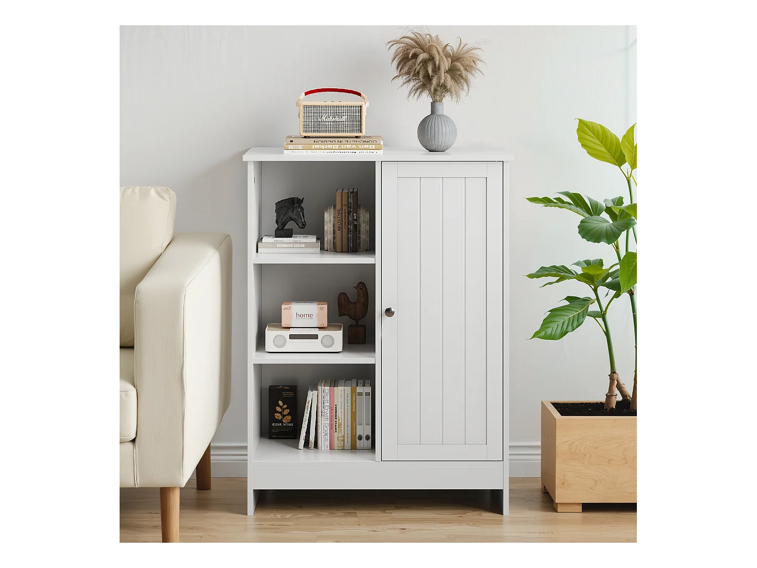 Meuble de rangement pour salle de bain, avec 2 tiroirs rabattables, 1 étagère fermée, 3 étagères ouvertes, blanc (60x24x80 cm)