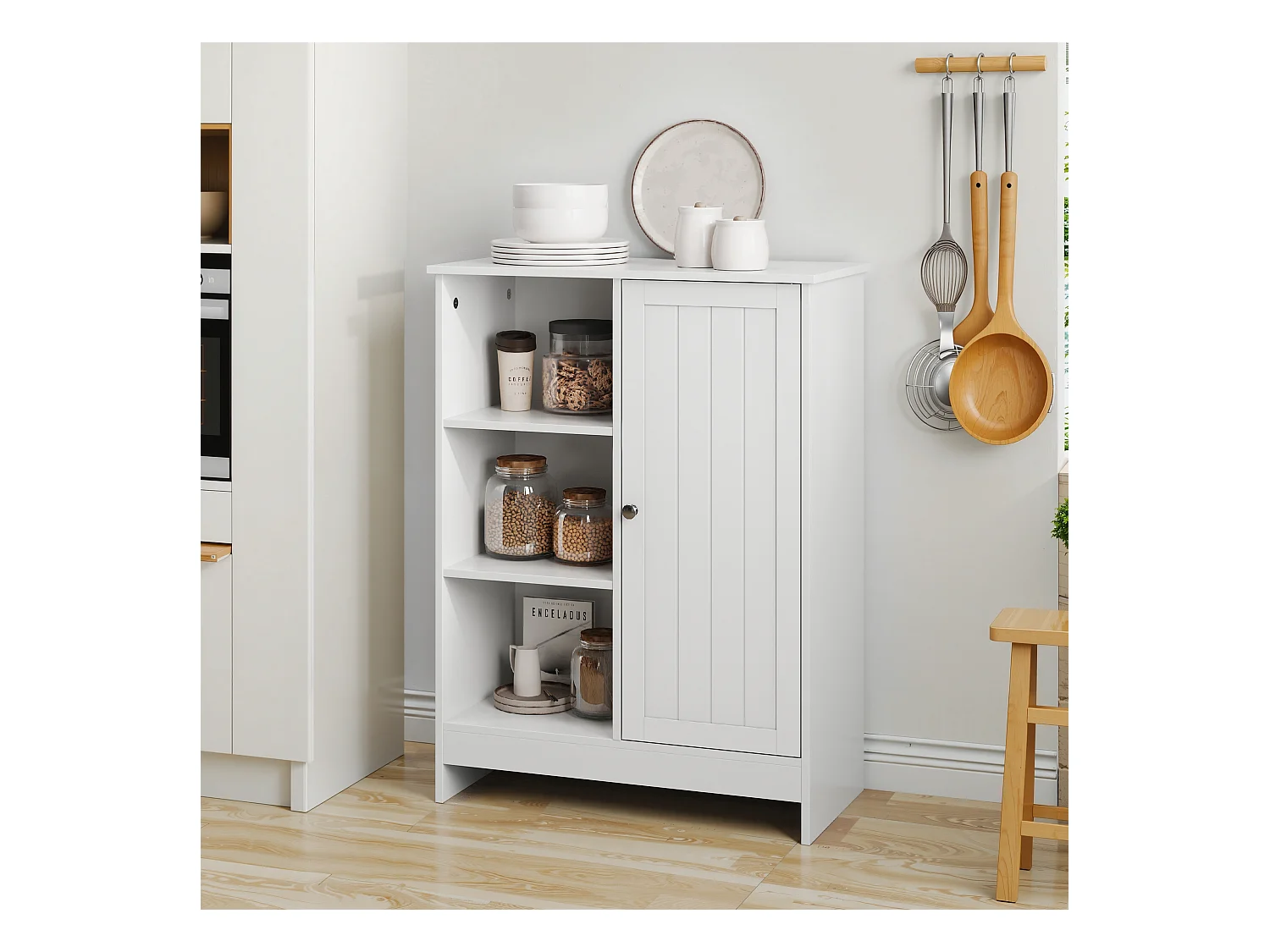 Meuble de rangement pour salle de bain, avec 2 tiroirs rabattables, 1 étagère fermée, 3 étagères ouvertes, blanc (60x24x80 cm)