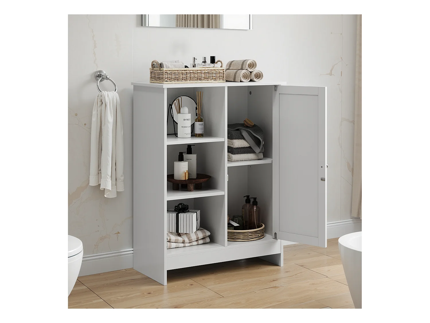 Meuble de rangement pour salle de bain, avec 2 tiroirs rabattables, 1 étagère fermée, 3 étagères ouvertes, blanc (60x24x80 cm)