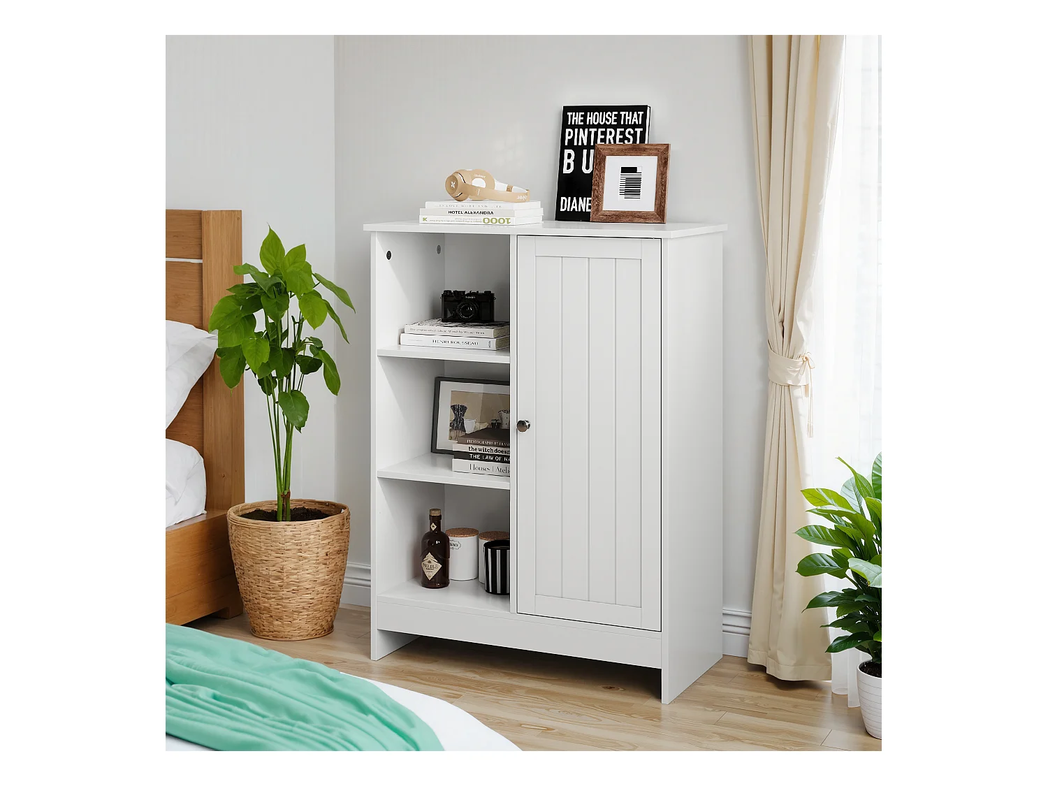 Meuble de rangement pour salle de bain, avec 2 tiroirs rabattables, 1 étagère fermée, 3 étagères ouvertes, blanc (60x24x80 cm)