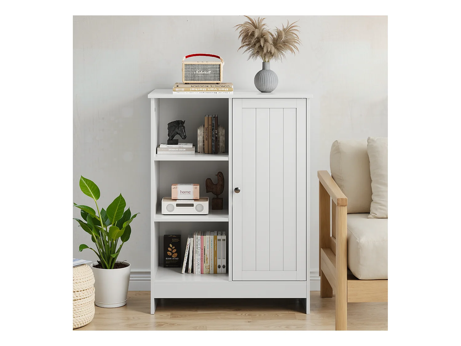 Meuble de rangement pour salle de bain, avec 2 tiroirs rabattables, 1 étagère fermée, 3 étagères ouvertes, blanc (60x24x80 cm)