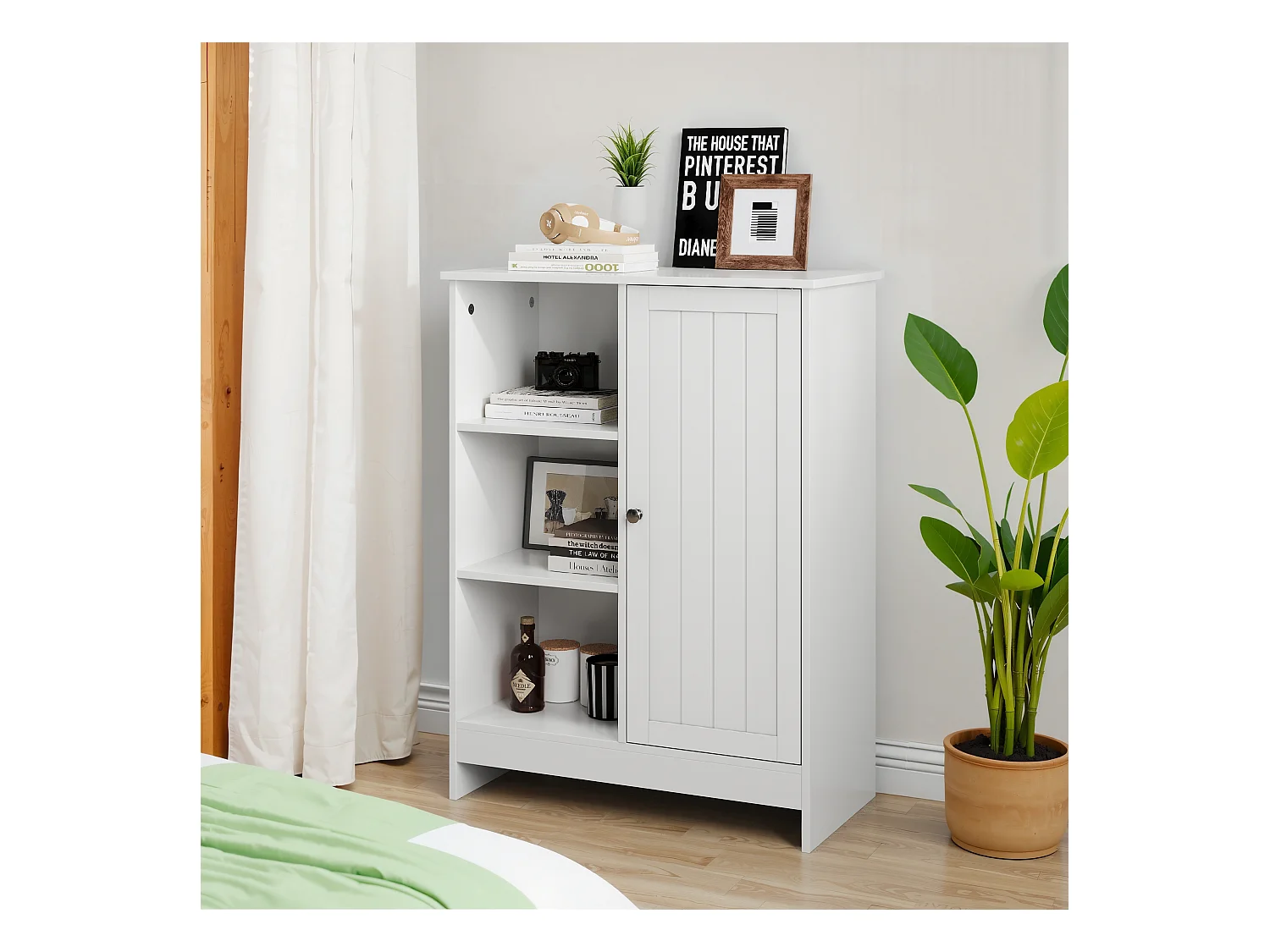 Meuble de rangement pour salle de bain, avec 2 tiroirs rabattables, 1 étagère fermée, 3 étagères ouvertes, blanc (60x24x80 cm)