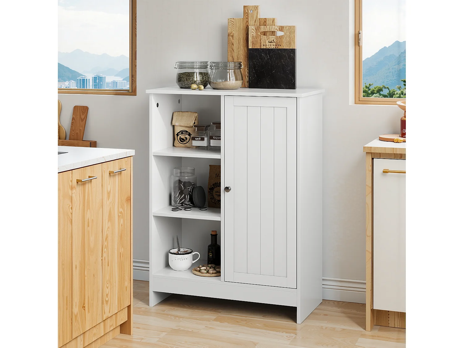 Meuble de rangement pour salle de bain, avec 2 tiroirs rabattables, 1 étagère fermée, 3 étagères ouvertes, blanc (60x24x80 cm)