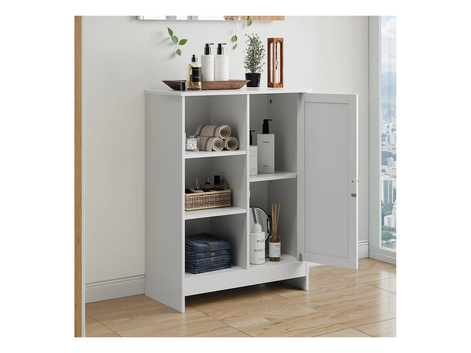 Meuble de rangement pour salle de bain, avec 2 tiroirs rabattables, 1 étagère fermée, 3 étagères ouvertes, blanc (60x24x80 cm)