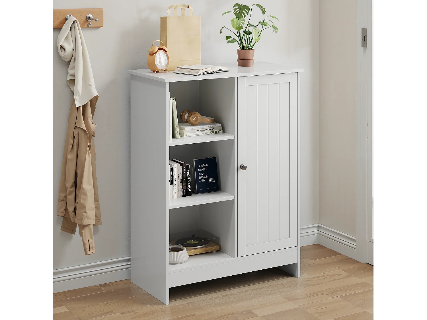 Meuble de rangement pour salle de bain, avec 2 tiroirs rabattables, 1 étagère fermée, 3 étagères ouvertes, blanc (60x24x80 cm)