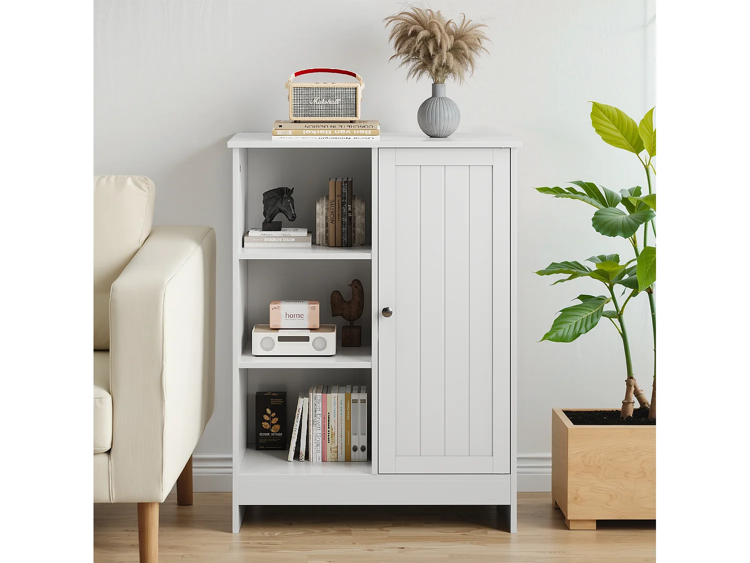 Meuble de rangement pour salle de bain, avec 2 tiroirs rabattables, 1 étagère fermée, 3 étagères ouvertes, blanc (60x24x80 cm)