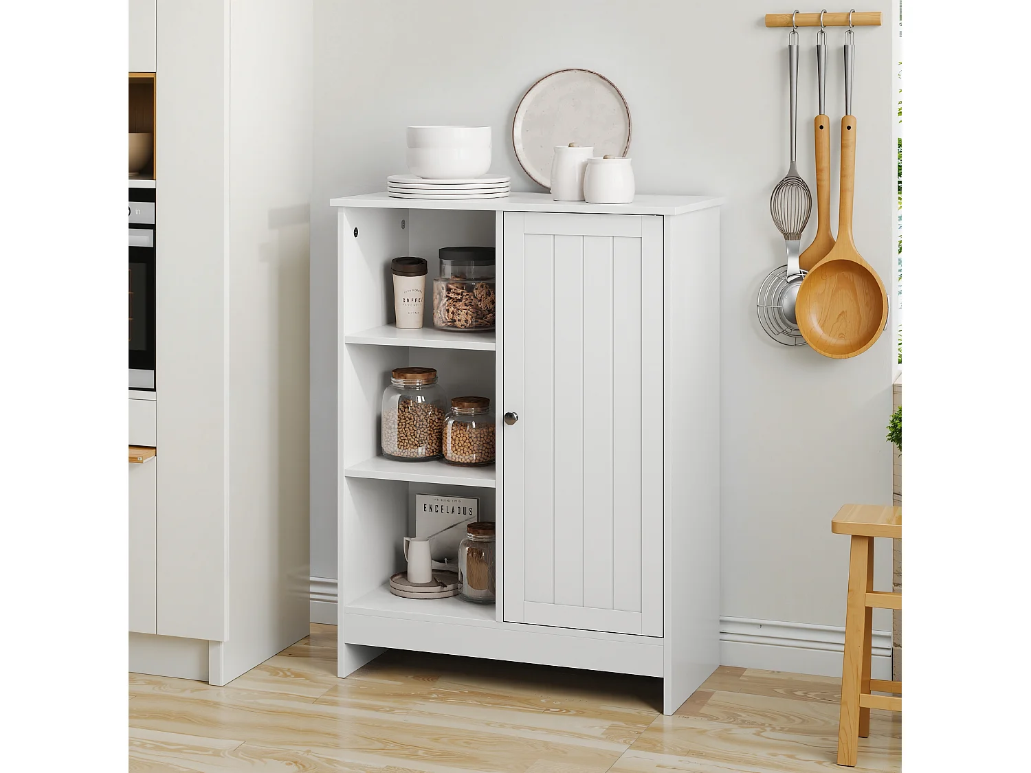 Meuble de rangement pour salle de bain, avec 2 tiroirs rabattables, 1 étagère fermée, 3 étagères ouvertes, blanc (60x24x80 cm)