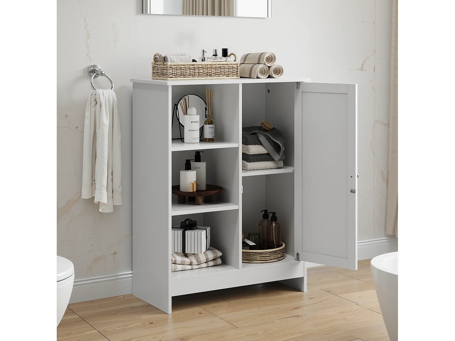 Meuble de rangement pour salle de bain, avec 2 tiroirs rabattables, 1 étagère fermée, 3 étagères ouvertes, blanc (60x24x80 cm)